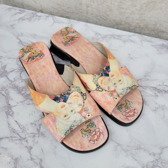 Icon Gustav Klimt Women Friends Leather Kitten Heel Sandals Wearable Art - Picture 3 of 11